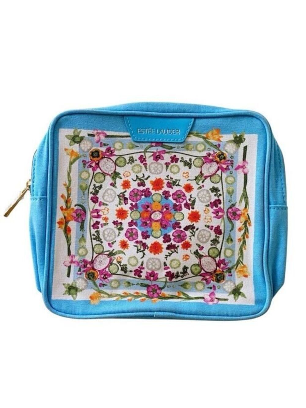Estee Lauder Makeup Cosmetic Bag in Blue Square Floral New